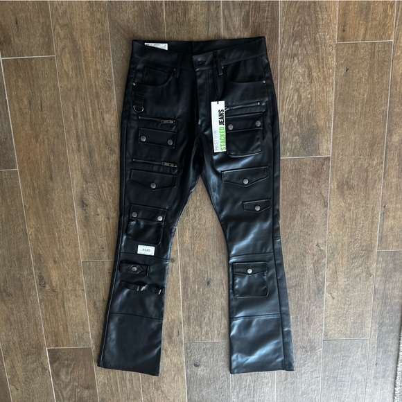 First Row Black Faux Leather Stacked Jeans Cargo Pants 32x35 NWT Streetwear - Picture 1 of 9
